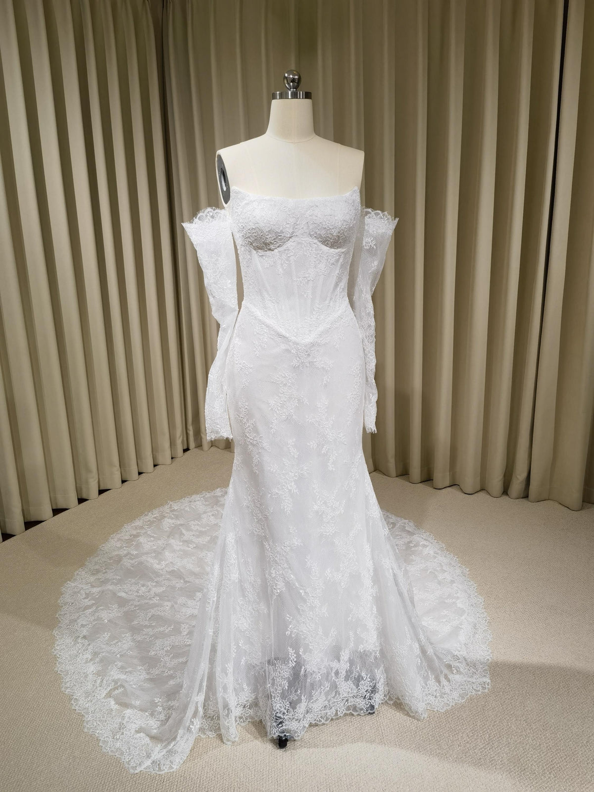 Off the Shoulder Lace Corset Mermaid Wedding Dress with Detachable Long Sleeves, Custom Floral Bridal Gown | Natalia