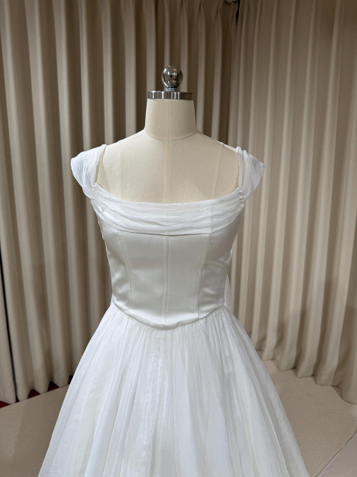 Two Piece Satin Corset Wedding Dress with Silk Draping, Off Shoulder Bridal Ball Gown | Brooke