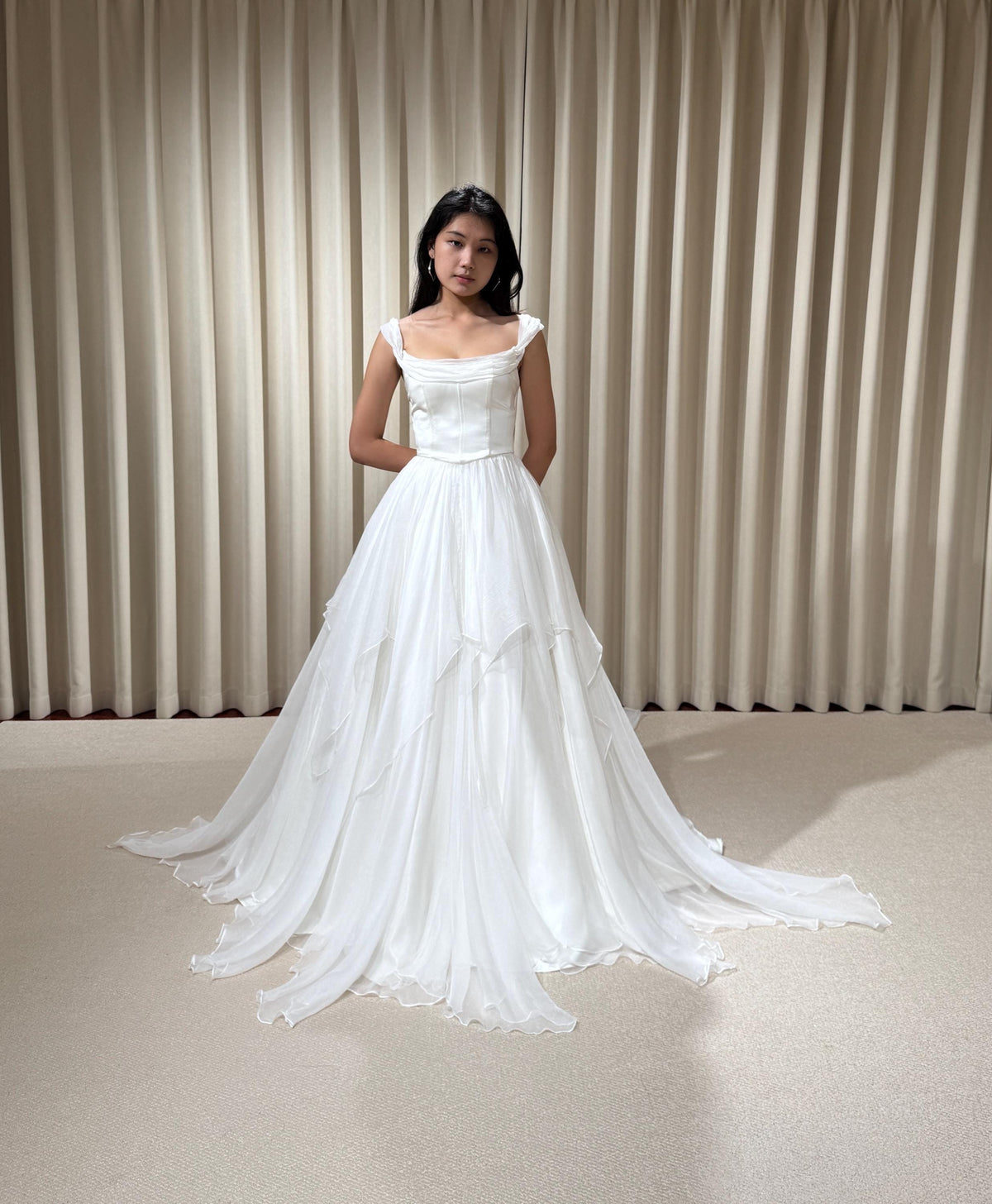 Two Piece Satin Corset Wedding Dress with Silk Draping, Off Shoulder Bridal Ball Gown | Brooke