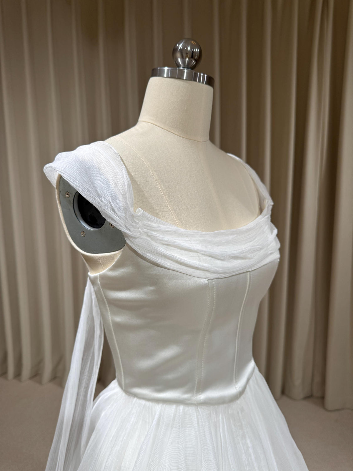 Two Piece Satin Corset Wedding Dress with Silk Draping, Off Shoulder Bridal Ball Gown | Brooke