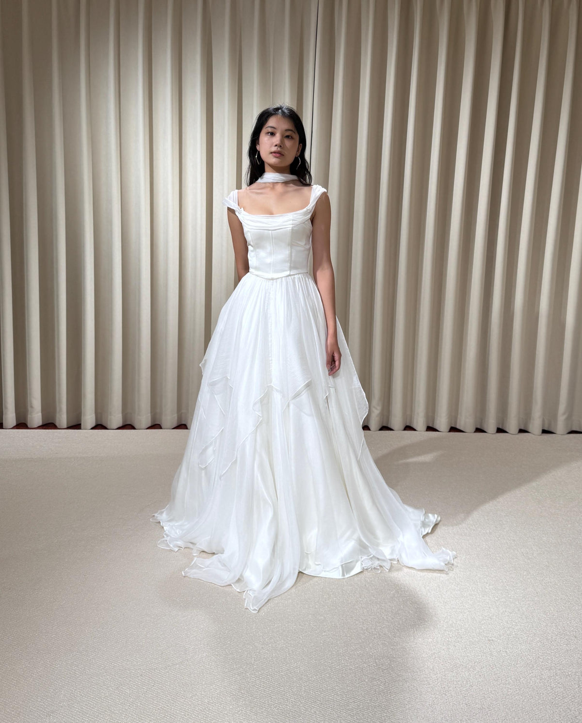 Two Piece Satin Corset Wedding Dress with Silk Draping, Off Shoulder Bridal Ball Gown | Brooke