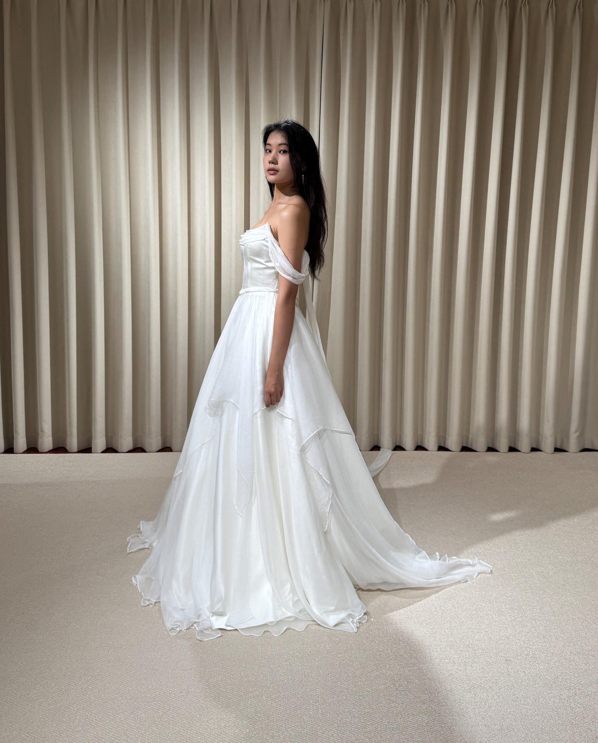 Two Piece Satin Corset Wedding Dress with Silk Draping, Off Shoulder Bridal Ball Gown | Brooke