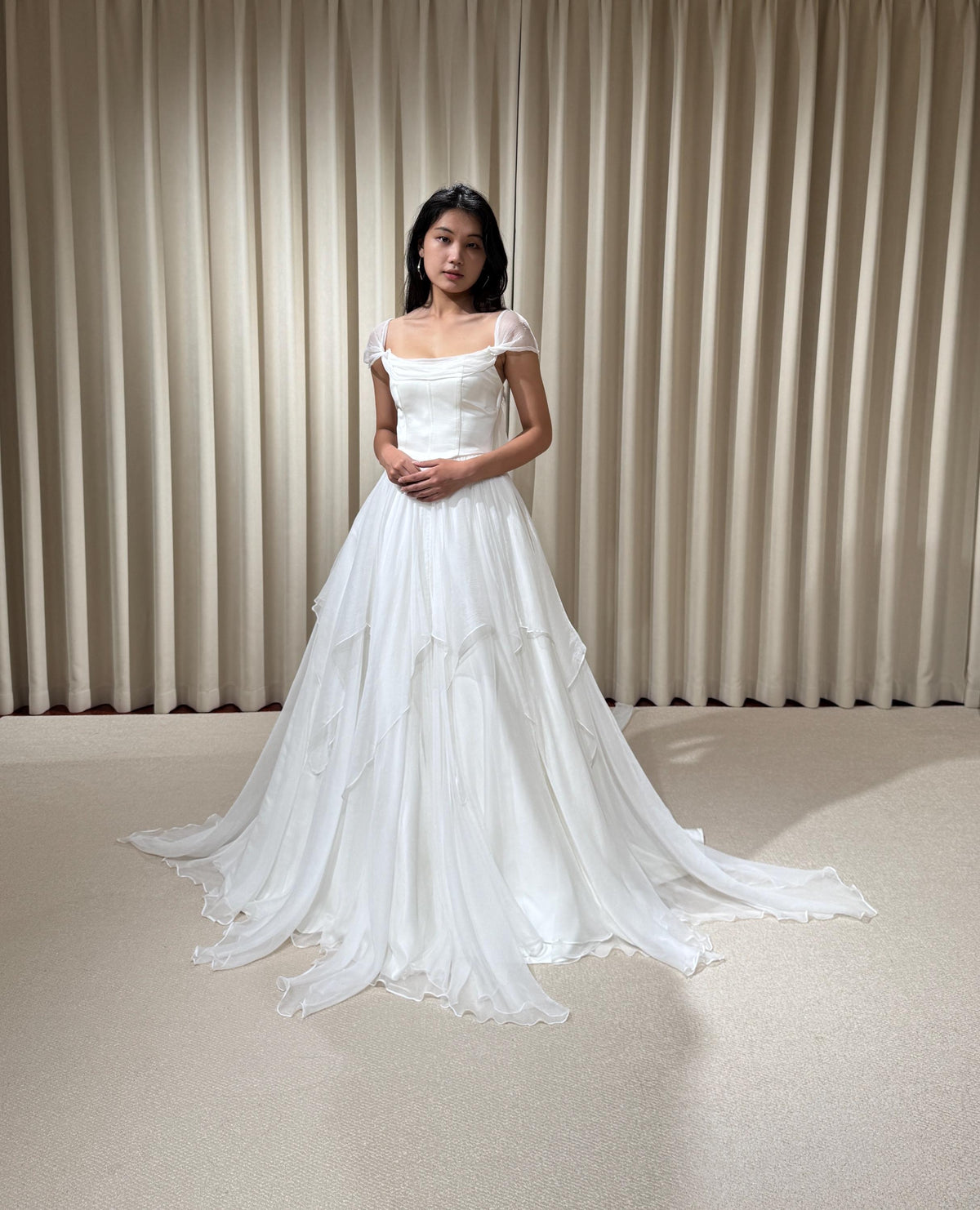 Two Piece Satin Corset Wedding Dress with Silk Draping, Off Shoulder Bridal Ball Gown | Brooke