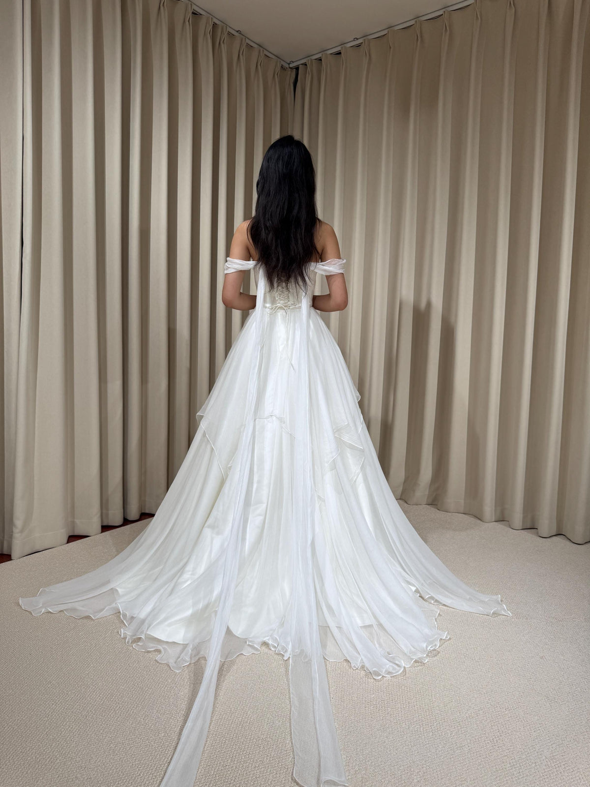 Two Piece Satin Corset Wedding Dress with Silk Draping, Off Shoulder Bridal Ball Gown | Brooke