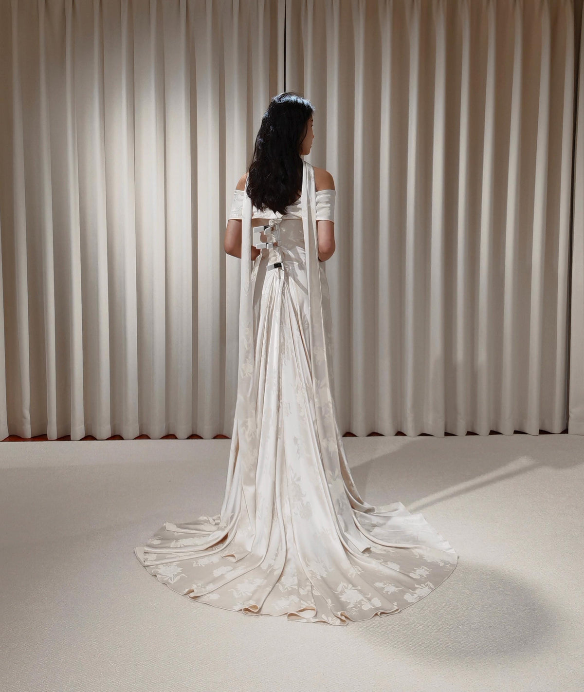 Off the Shoulder Floral Jacquard Satin Corset Basque Waist Wedding Dress with Scarf, Custom Bridal Gown | Jade
