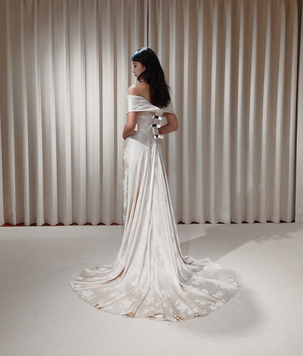 Off the Shoulder Floral Jacquard Satin Corset Basque Waist Wedding Dress with Scarf, Custom Bridal Gown | Jade
