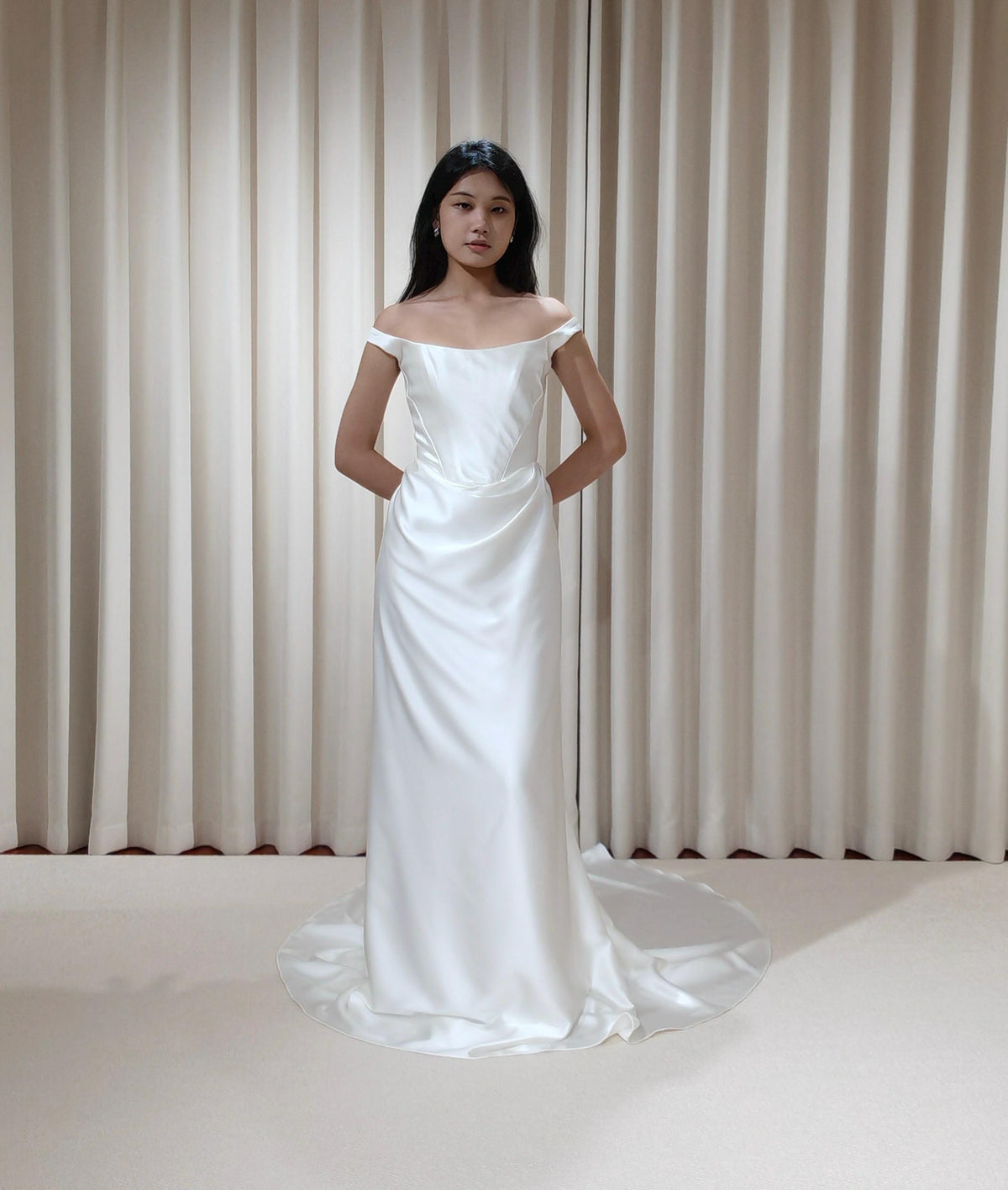 Satin Corset Basque Waist Wedding Dress with Shoulder Straps, Custom Bridal Gown | Kelly
