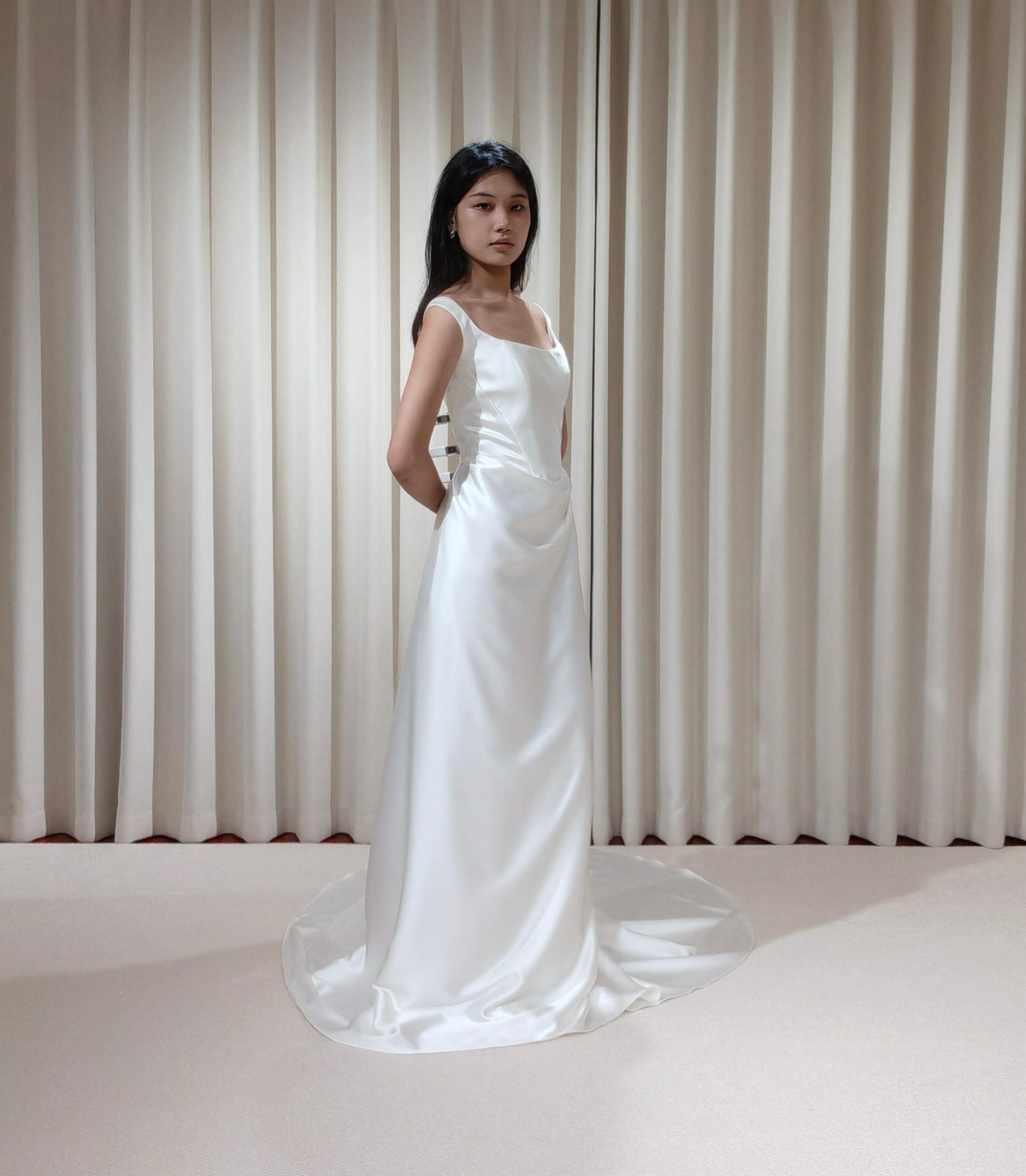 Satin Corset Basque Waist Wedding Dress with Shoulder Straps, Custom Bridal Gown | Kelly