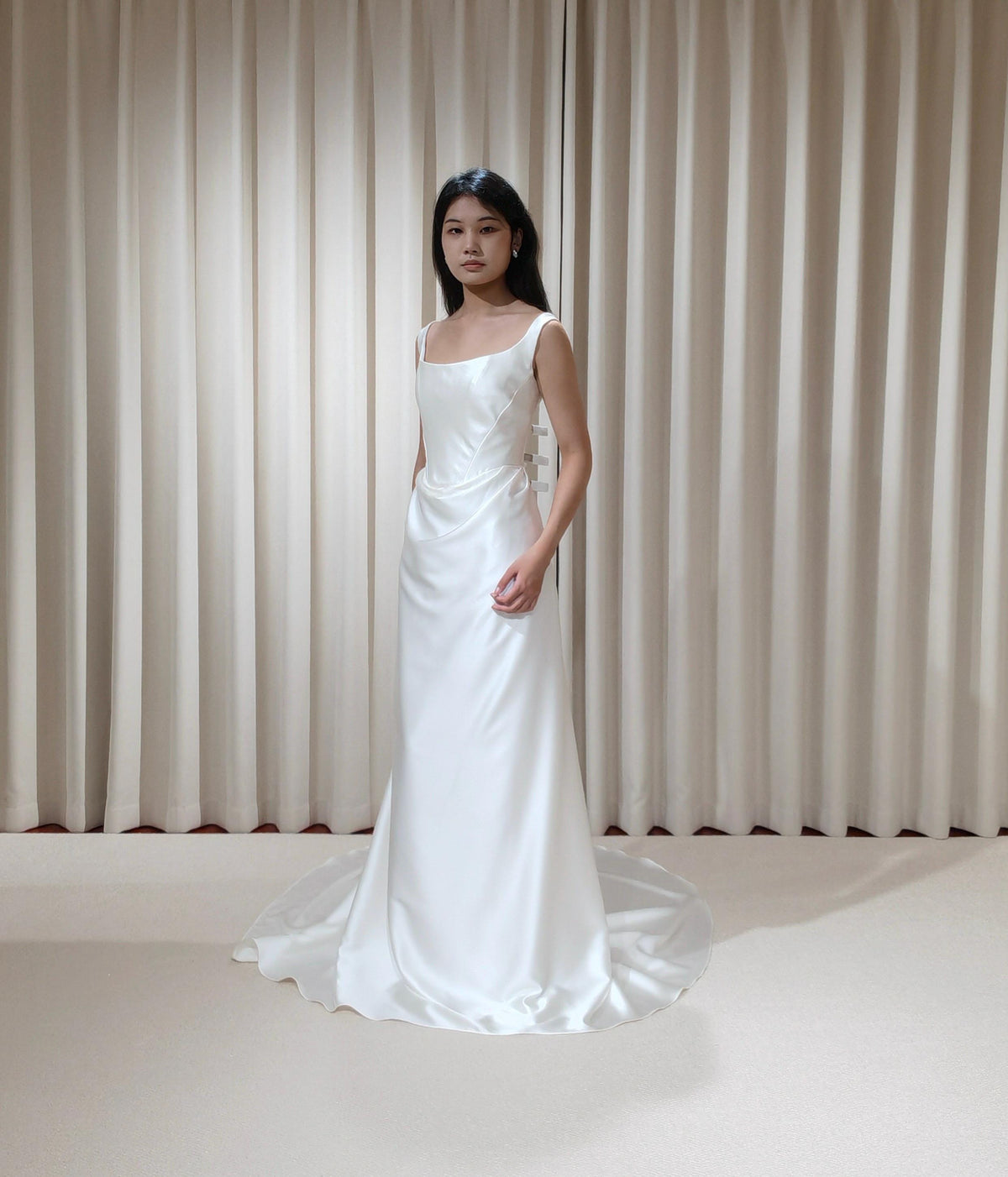 Satin Corset Basque Waist Wedding Dress with Shoulder Straps, Custom Bridal Gown | Kelly