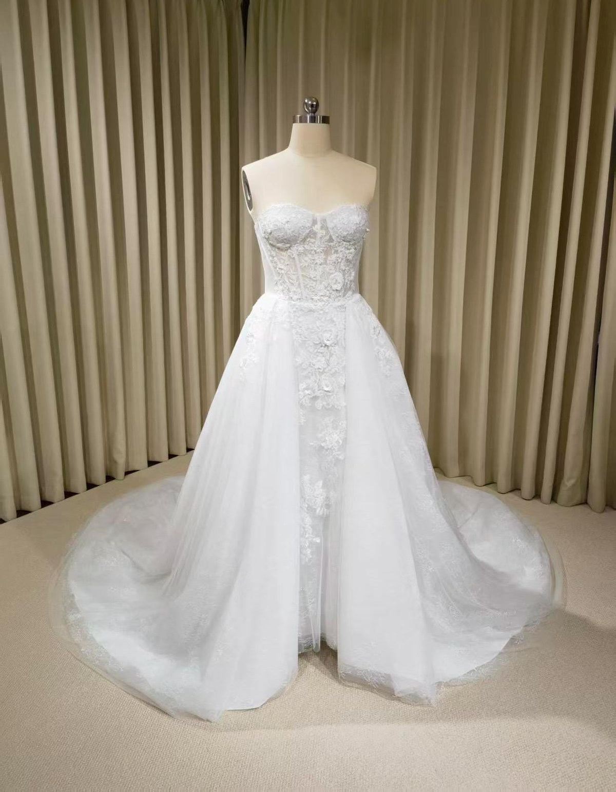 Off the Shoulder Floral Lace Corset Wedding Dress with Detachable Long Sleeves and Hidden Slit, Custom Bridal Ball Gown | Shyann