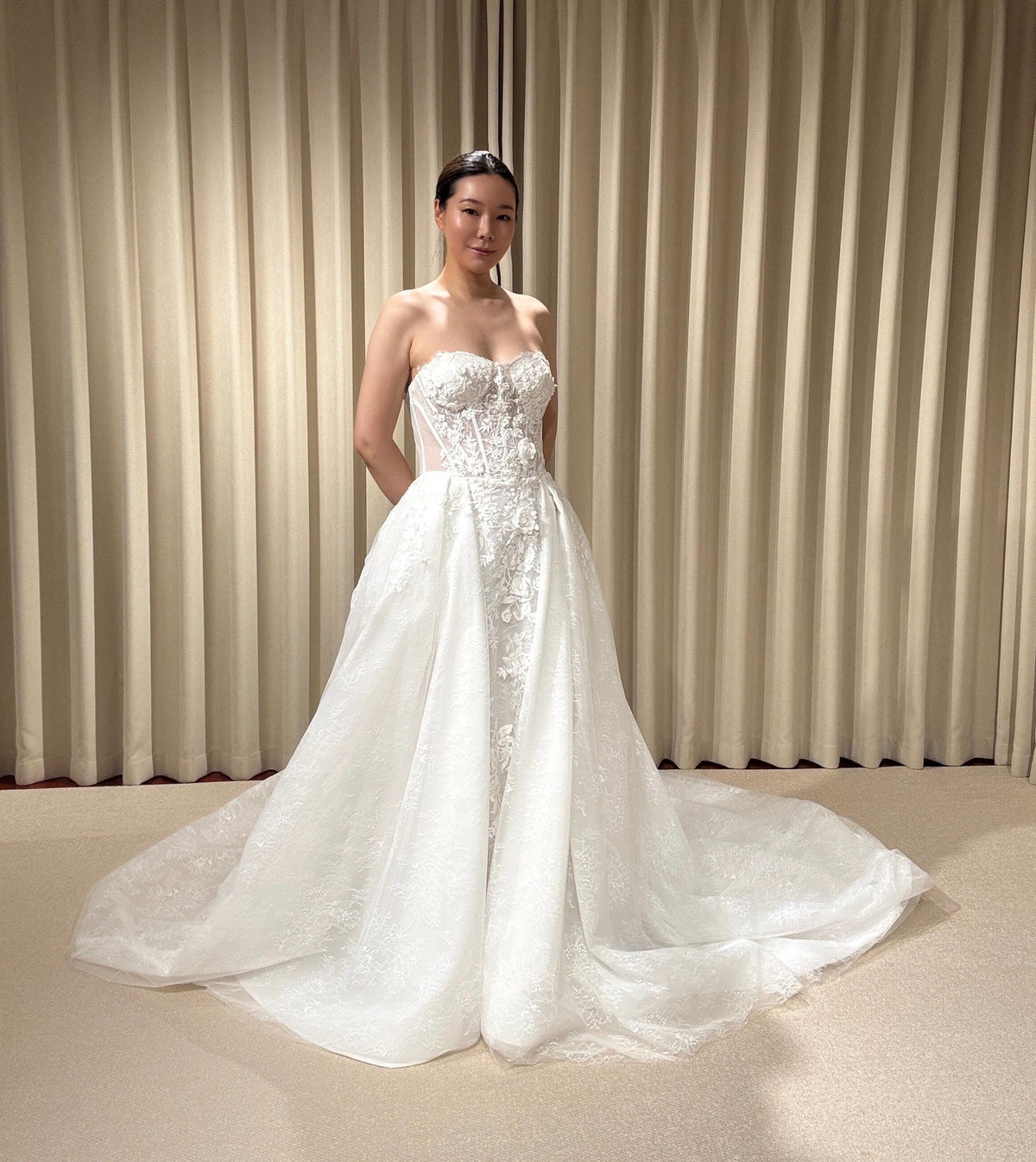 Off the Shoulder Floral Lace Corset Wedding Dress with Detachable Long Sleeves and Hidden Slit, Custom Bridal Ball Gown | Shyann