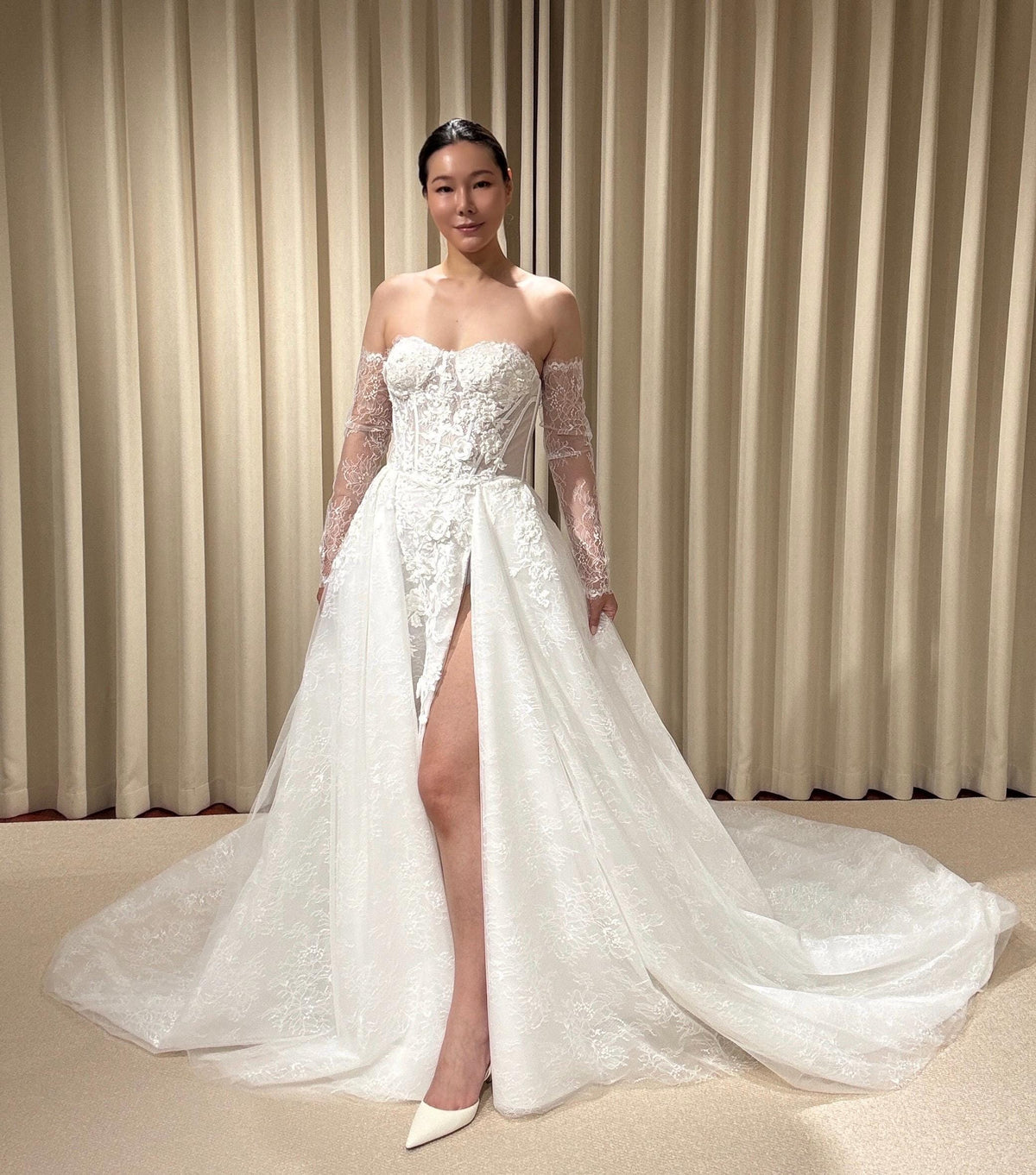 Off the Shoulder Floral Lace Corset Wedding Dress with Detachable Long Sleeves and Hidden Slit, Custom Bridal Ball Gown | Shyann
