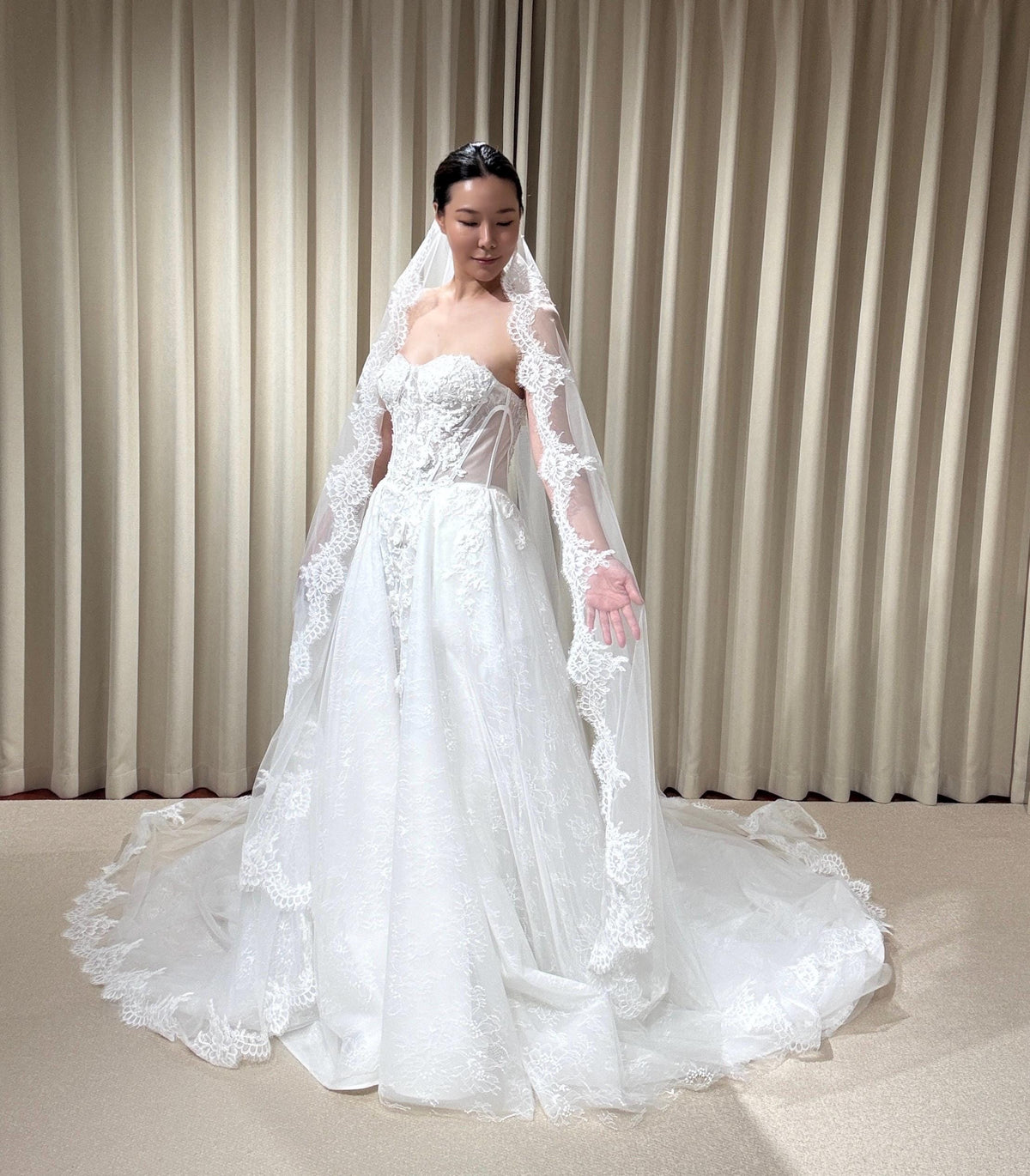 Off the Shoulder Floral Lace Corset Wedding Dress with Detachable Long Sleeves and Hidden Slit, Custom Bridal Ball Gown | Shyann