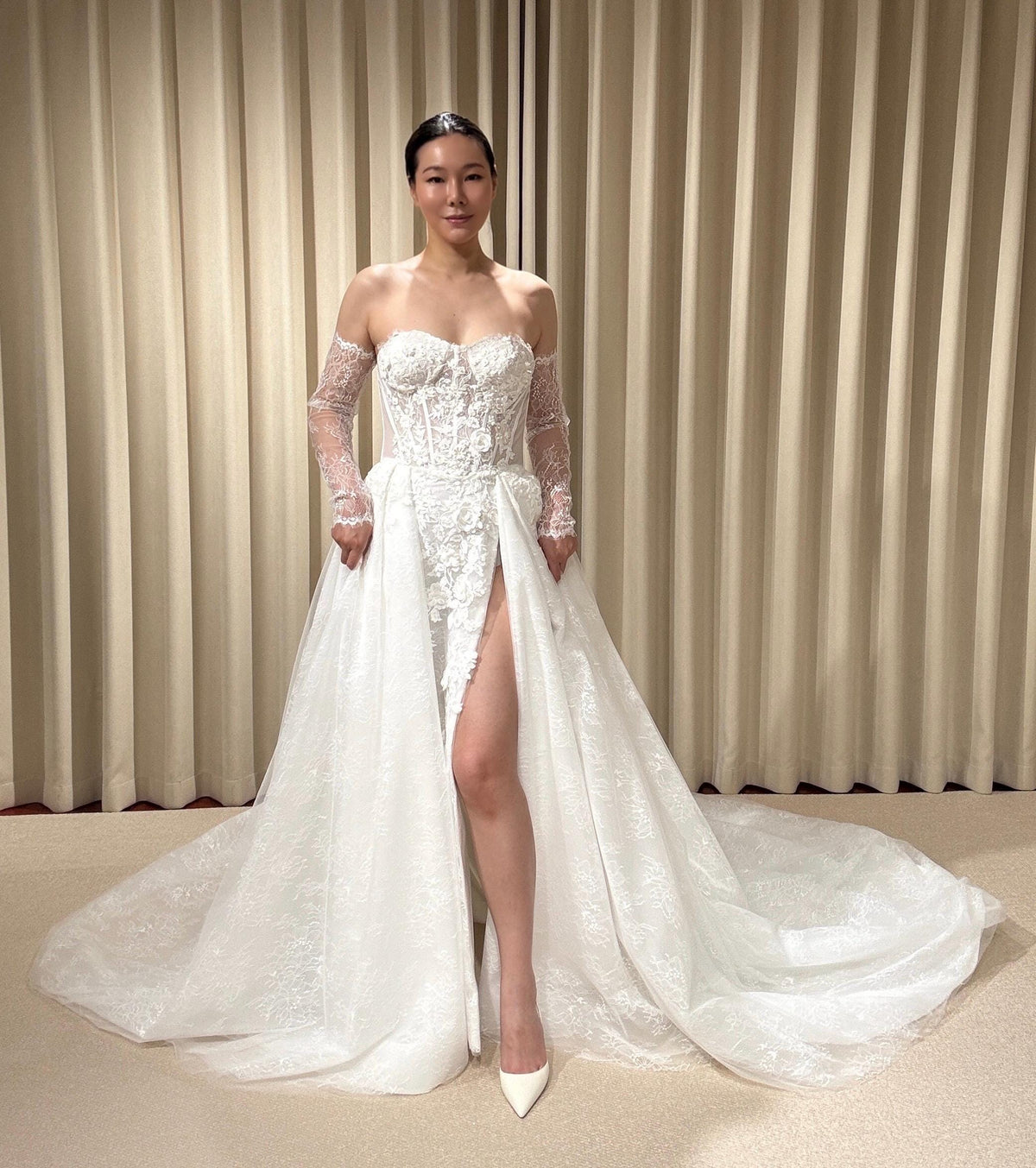 Off the Shoulder Floral Lace Corset Wedding Dress with Detachable Long Sleeves and Hidden Slit, Custom Bridal Ball Gown | Shyann
