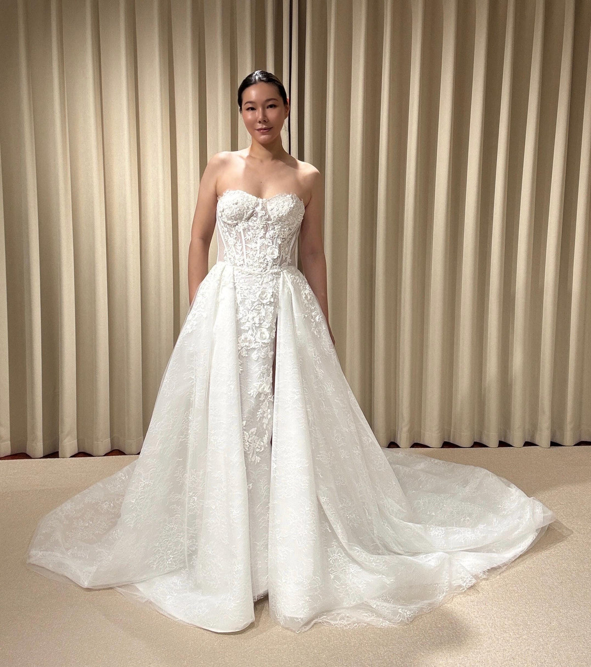 Off the Shoulder Floral Lace Corset Wedding Dress with Detachable Long Sleeves and Hidden Slit, Custom Bridal Ball Gown | Shyann