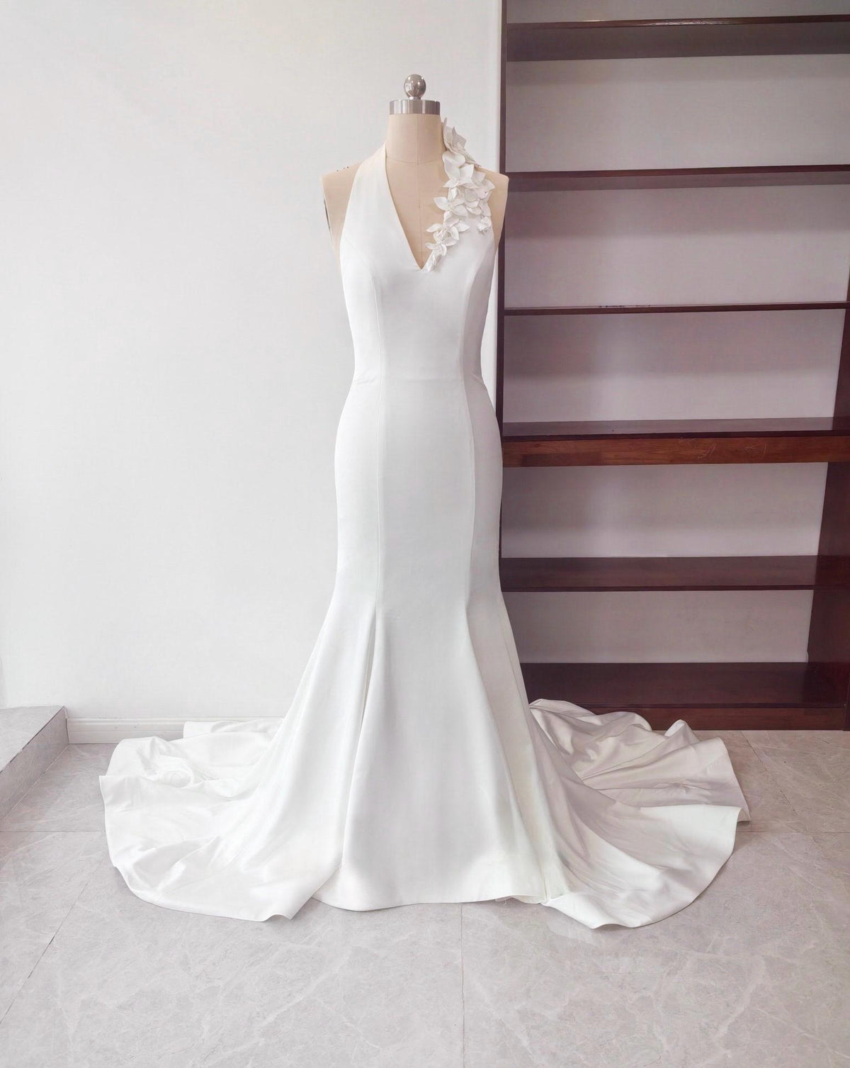 Satin V-Neck Halter Mermaid Wedding Dress with 3D Flowers and Open Back, Custom Bridal Gown | Elora