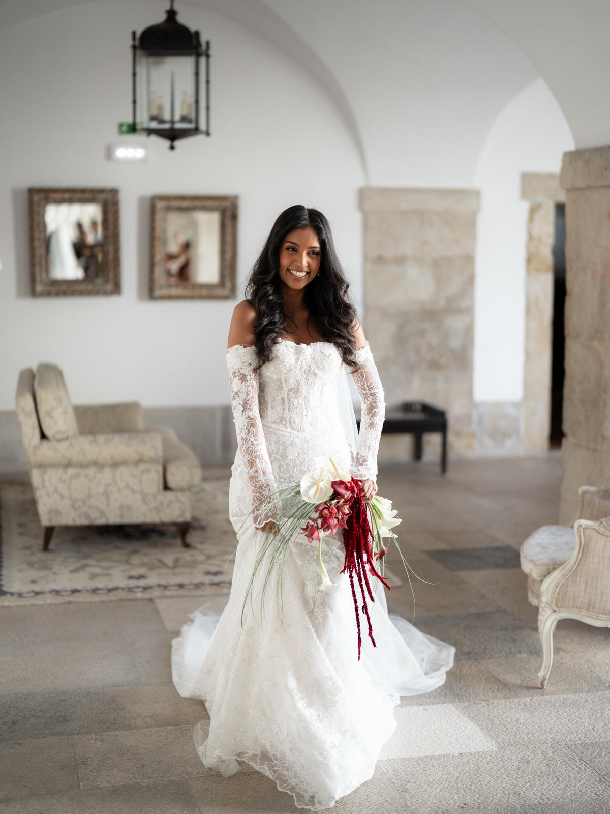 Off the Shoulder Lace Corset Mermaid Wedding Dress with Detachable Long Sleeves, Custom Floral Bridal Gown | Unni