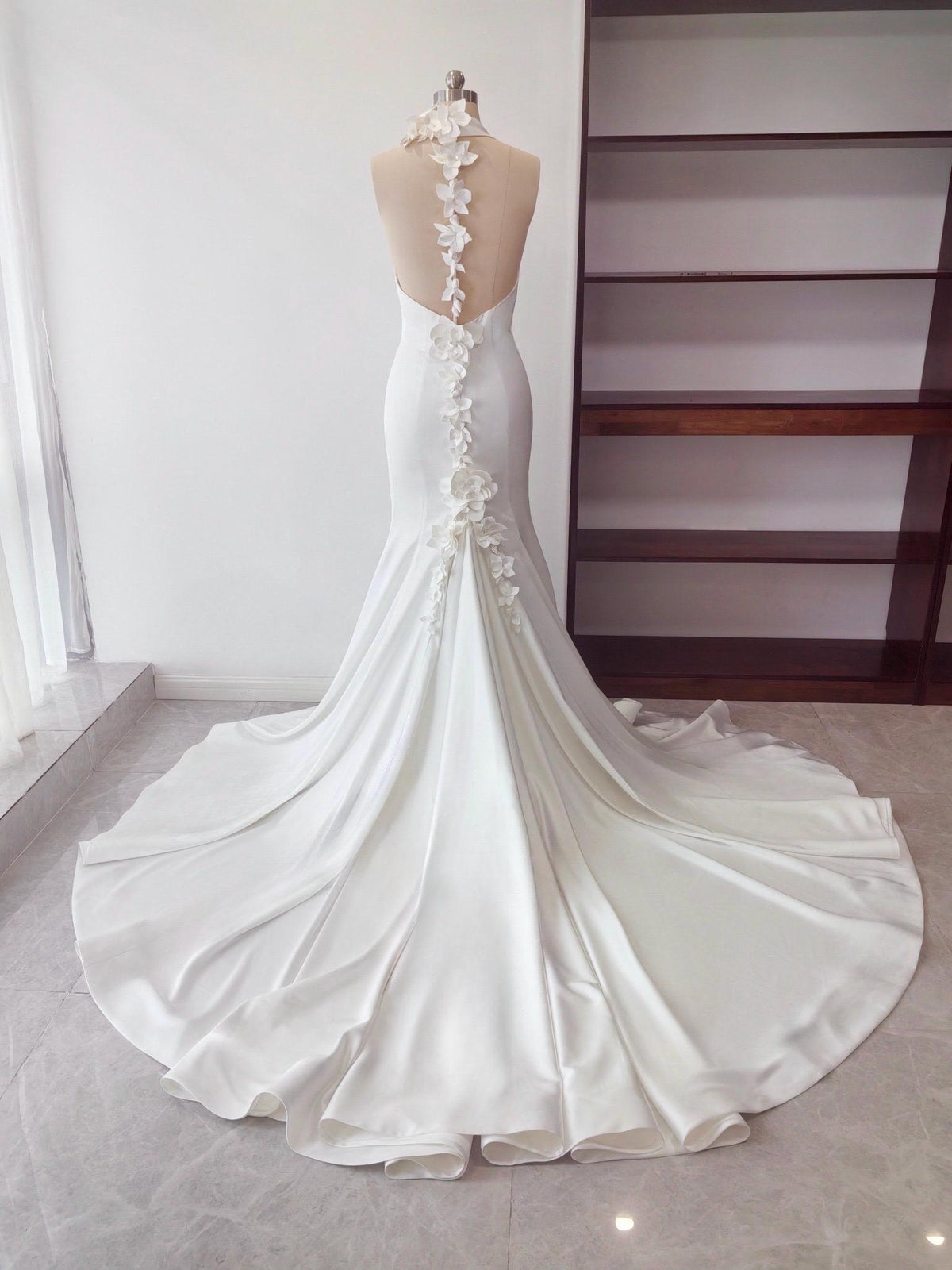 Satin V-Neck Halter Mermaid Wedding Dress with 3D Flowers and Open Back, Custom Bridal Gown | Elora