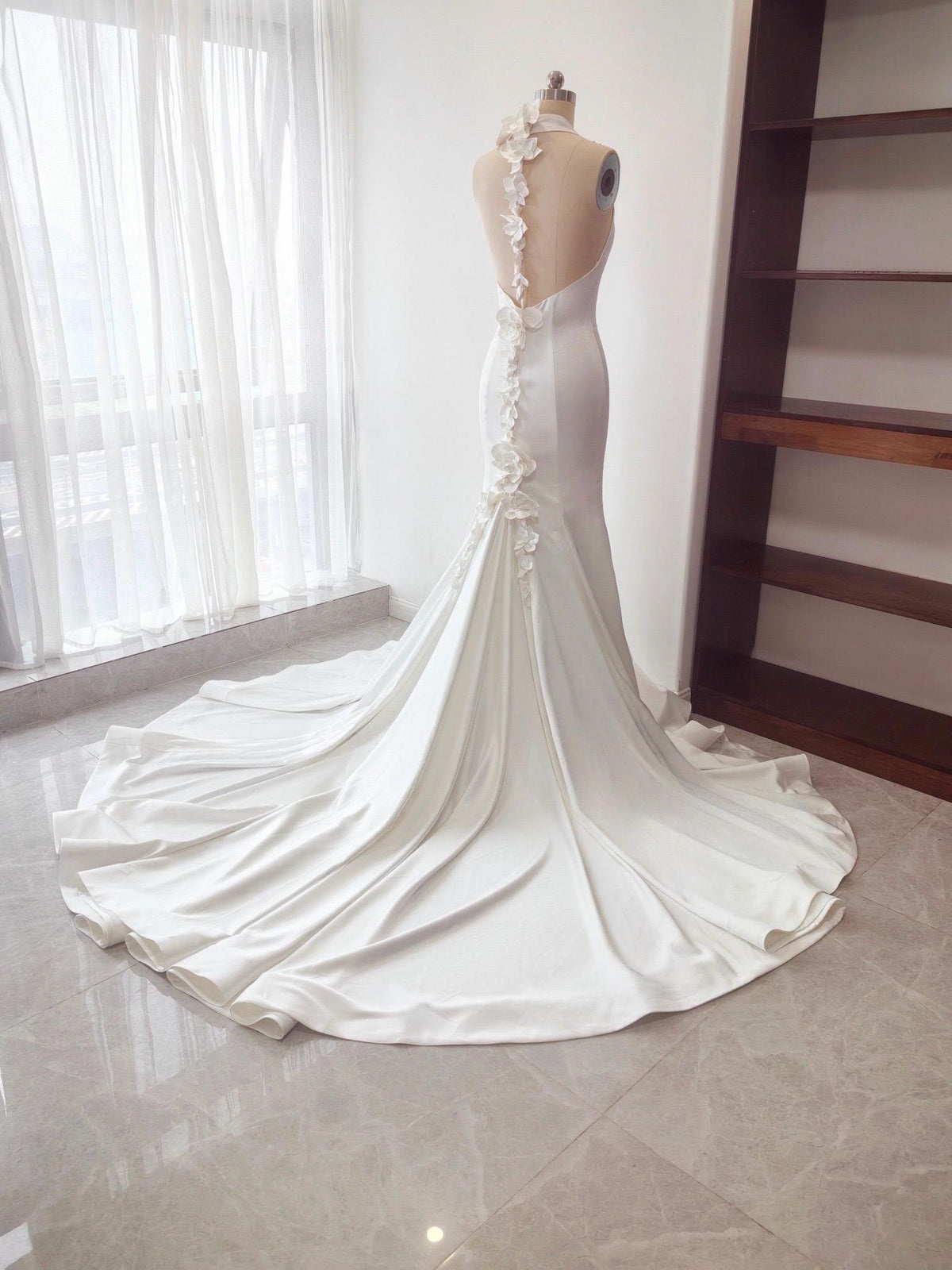 Satin V-Neck Halter Mermaid Wedding Dress with 3D Flowers and Open Back, Custom Bridal Gown | Elora
