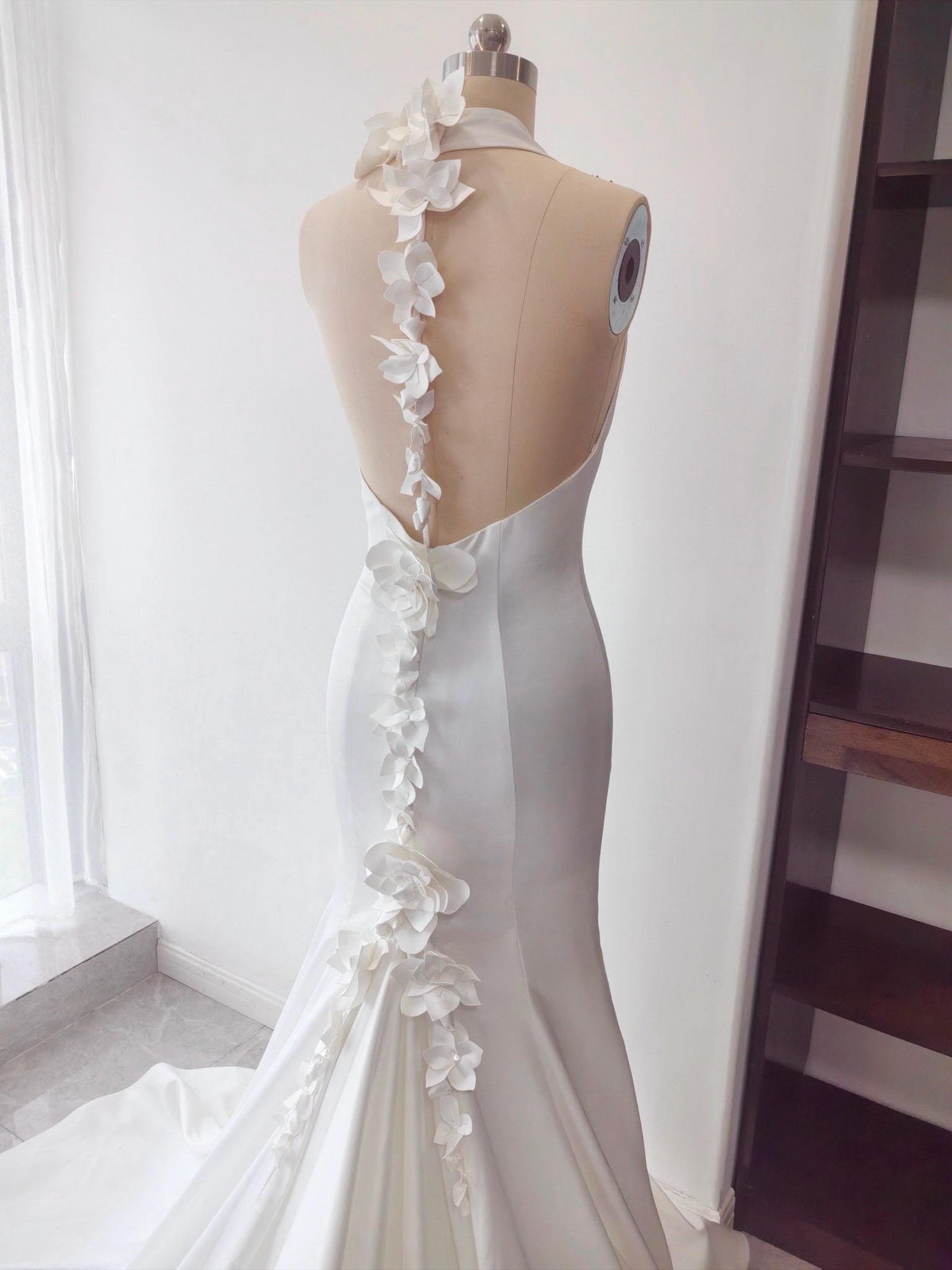 Satin V-Neck Halter Mermaid Wedding Dress with 3D Flowers and Open Back, Custom Bridal Gown | Elora