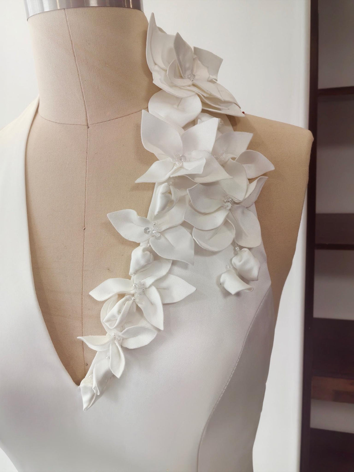 Satin V-Neck Halter Mermaid Wedding Dress with 3D Flowers and Open Back, Custom Bridal Gown | Elora