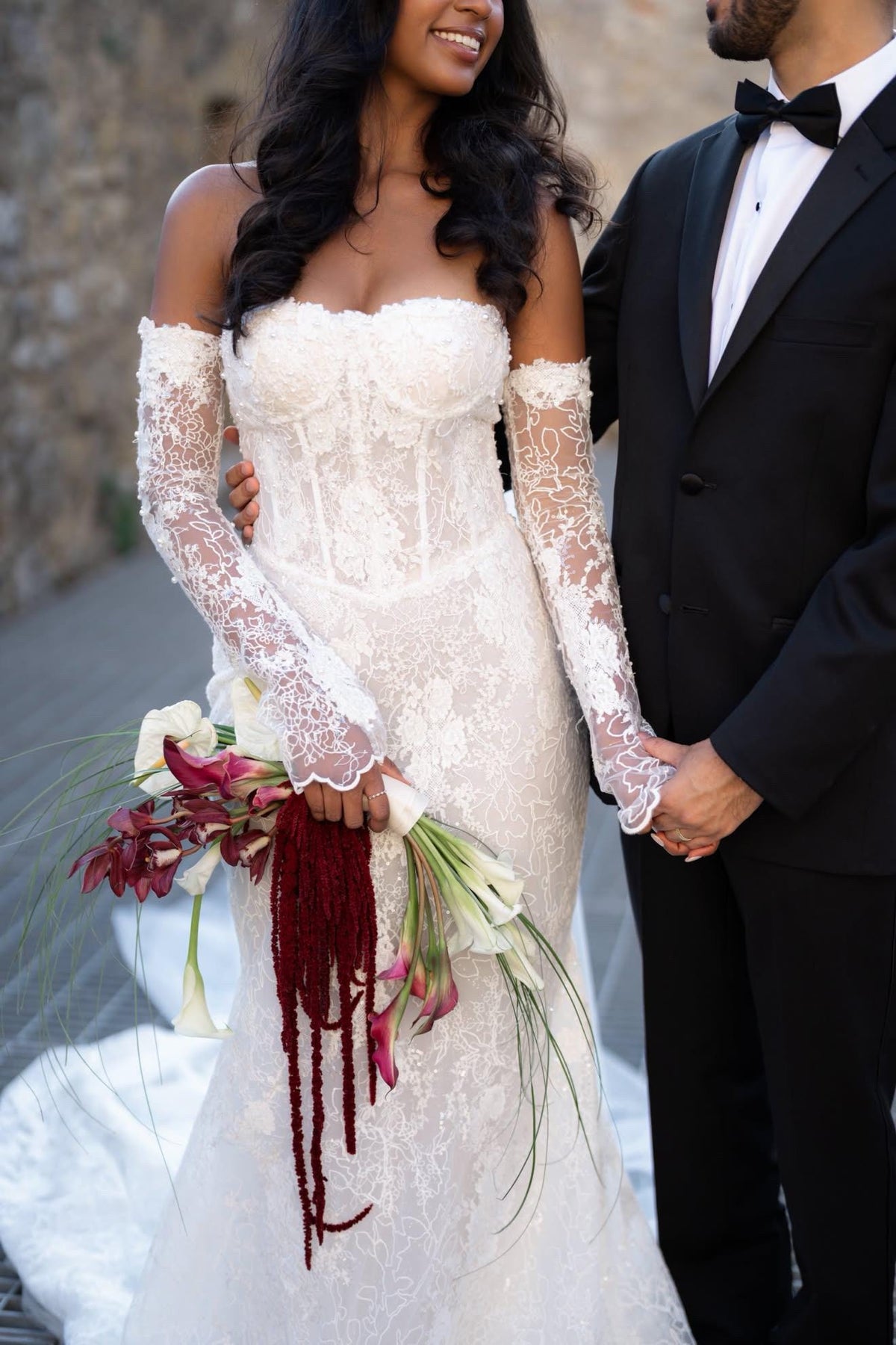 Off the Shoulder Lace Corset Mermaid Wedding Dress with Detachable Long Sleeves, Custom Floral Bridal Gown | Unni
