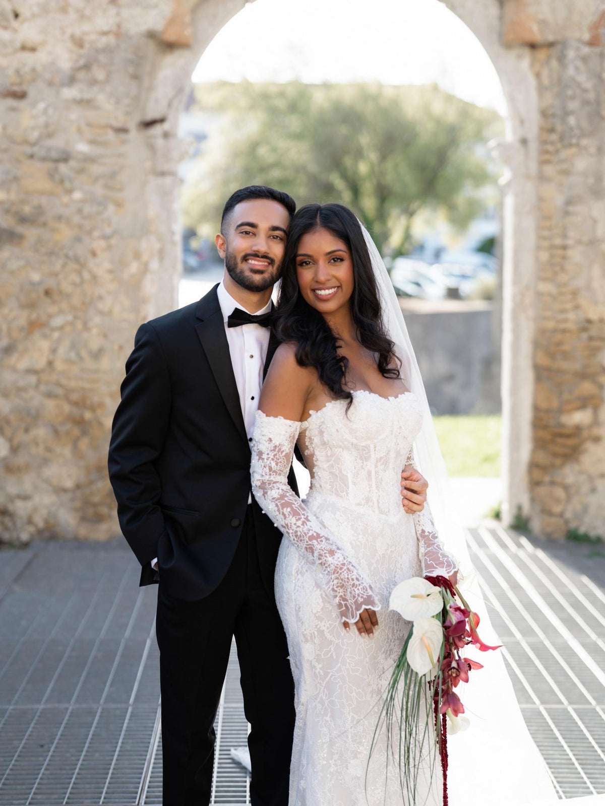 Off the Shoulder Lace Corset Mermaid Wedding Dress with Detachable Long Sleeves, Custom Floral Bridal Gown | Unni