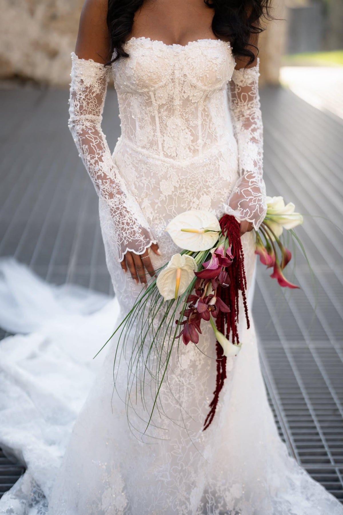 Off the Shoulder Lace Corset Mermaid Wedding Dress with Detachable Long Sleeves, Custom Floral Bridal Gown | Unni