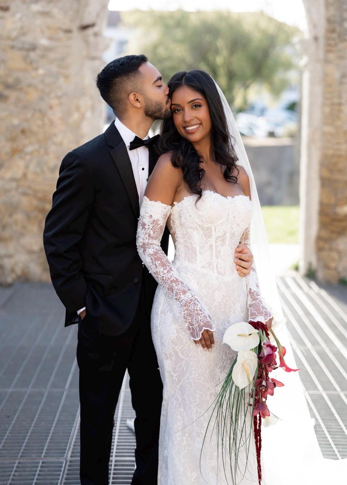 Off the Shoulder Lace Corset Mermaid Wedding Dress with Detachable Long Sleeves, Custom Floral Bridal Gown | Unni