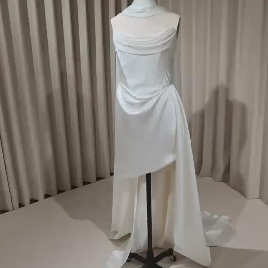 Minimalist Satin Corset High Low Wedding Dress with Scarf | Nour