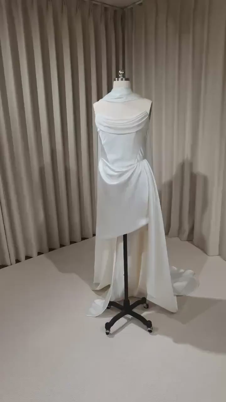 Minimalist Satin Corset High Low Wedding Dress with Scarf | Nour