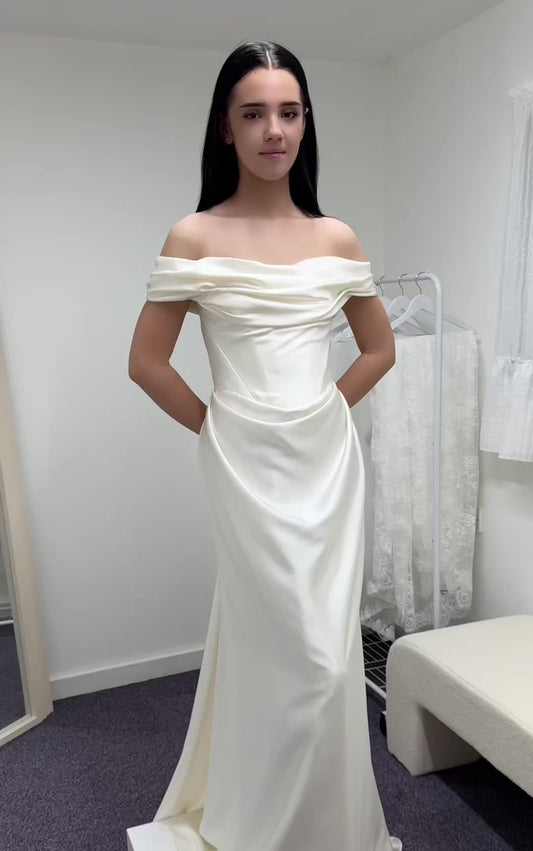Viviana | Off the Shoulder Satin Corset Wedding Dress with Detachable Train
