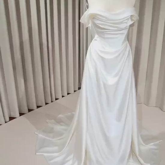 Minimalist Off Shoulder Satin Corset Wedding Dress with Detachable Train |  Viviana