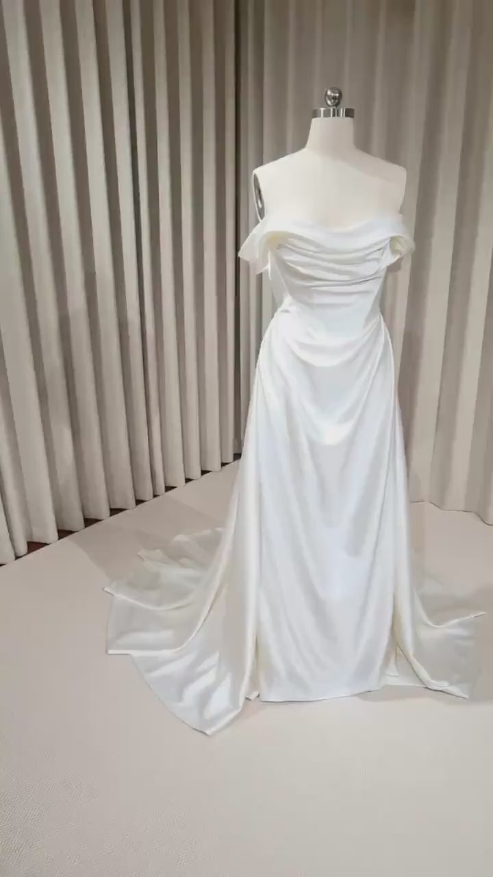 Minimalist Off Shoulder Satin Corset Wedding Dress with Detachable Train |  Viviana