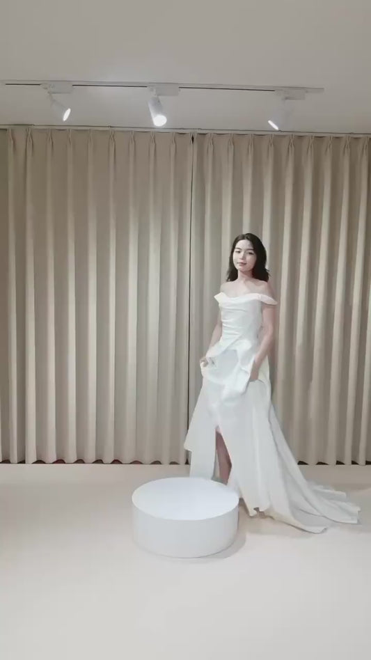Jordan | Off the Shoulder Taffeta Wedding Dress with a Slit, Custom Modest Courthouse Civil Wedding Princess Ball Gown