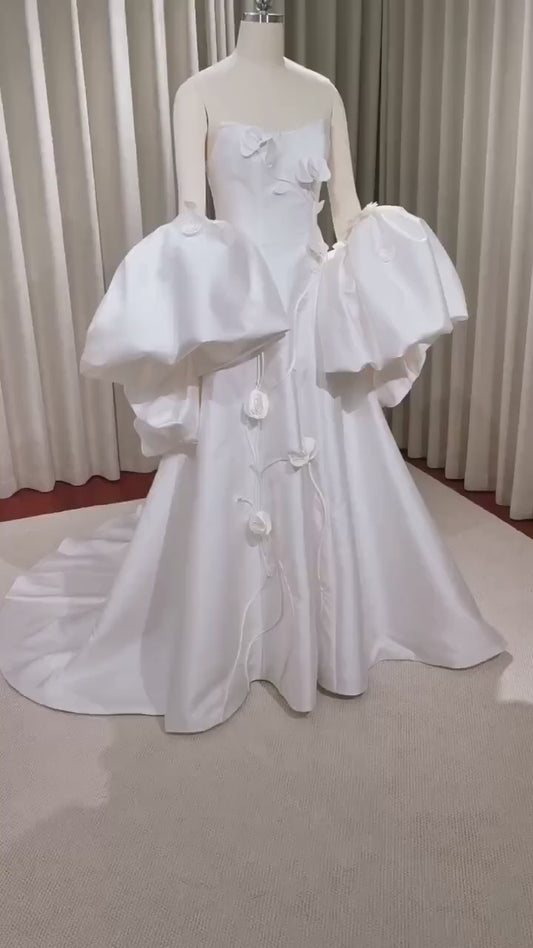 Unique 3D Flower Satin Wedding Bridal Dress, Custom Simple Modest Reception Elopement Dress for Bride, Courthouse Civil Wedding Gown