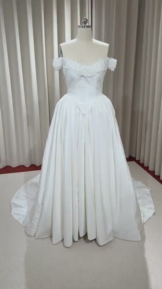 Off the Shoulder Taffeta Wedding Dress with Detachable sleeves, Custom Modest Courthouse Civil Wedding Princess Ball Gown