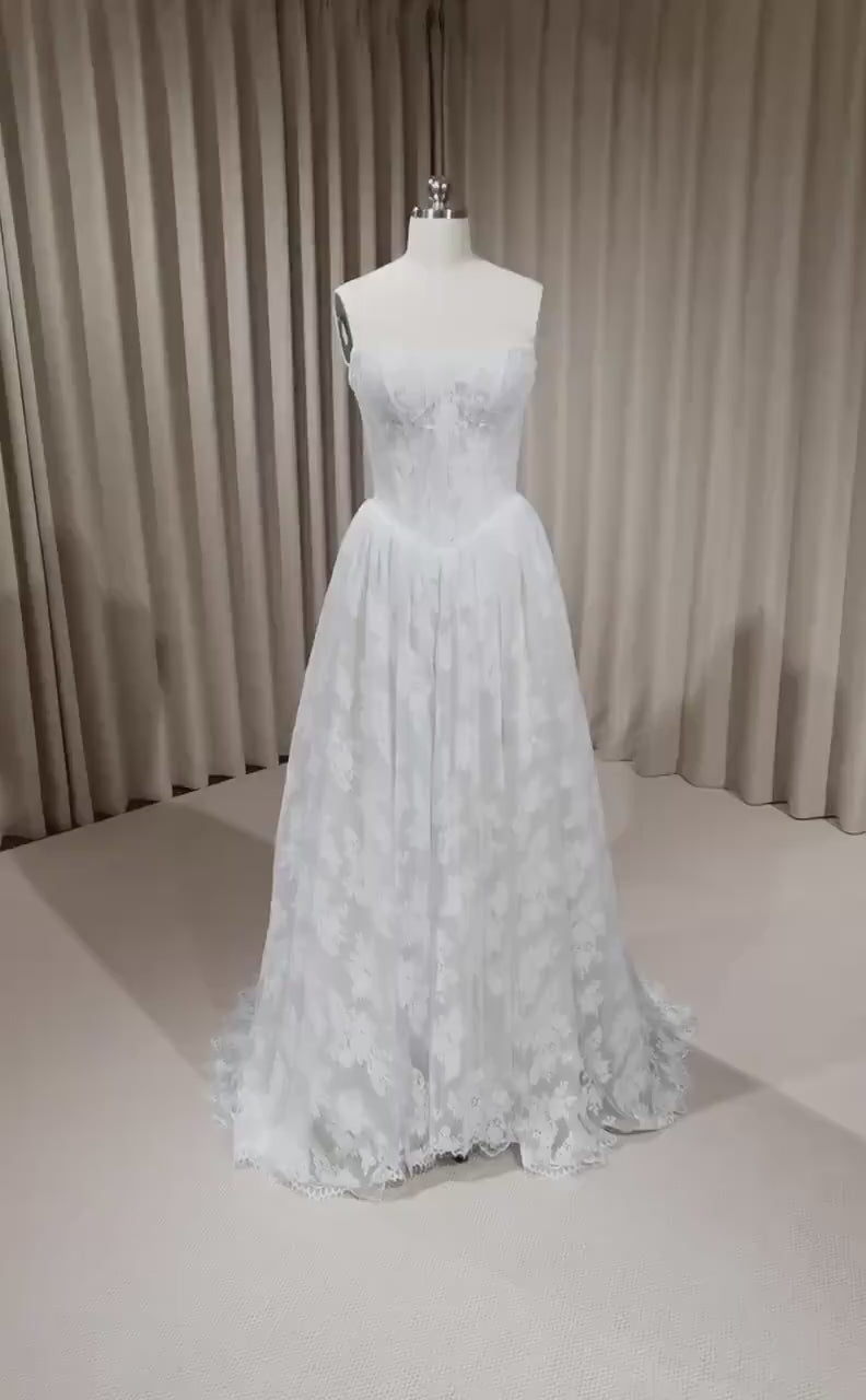 French Lace Corset Wedding Bridal Dress, Classic Romantic Elegant Princess Ball Gown, Custom Modest Courthouse Civil Wedding Dress