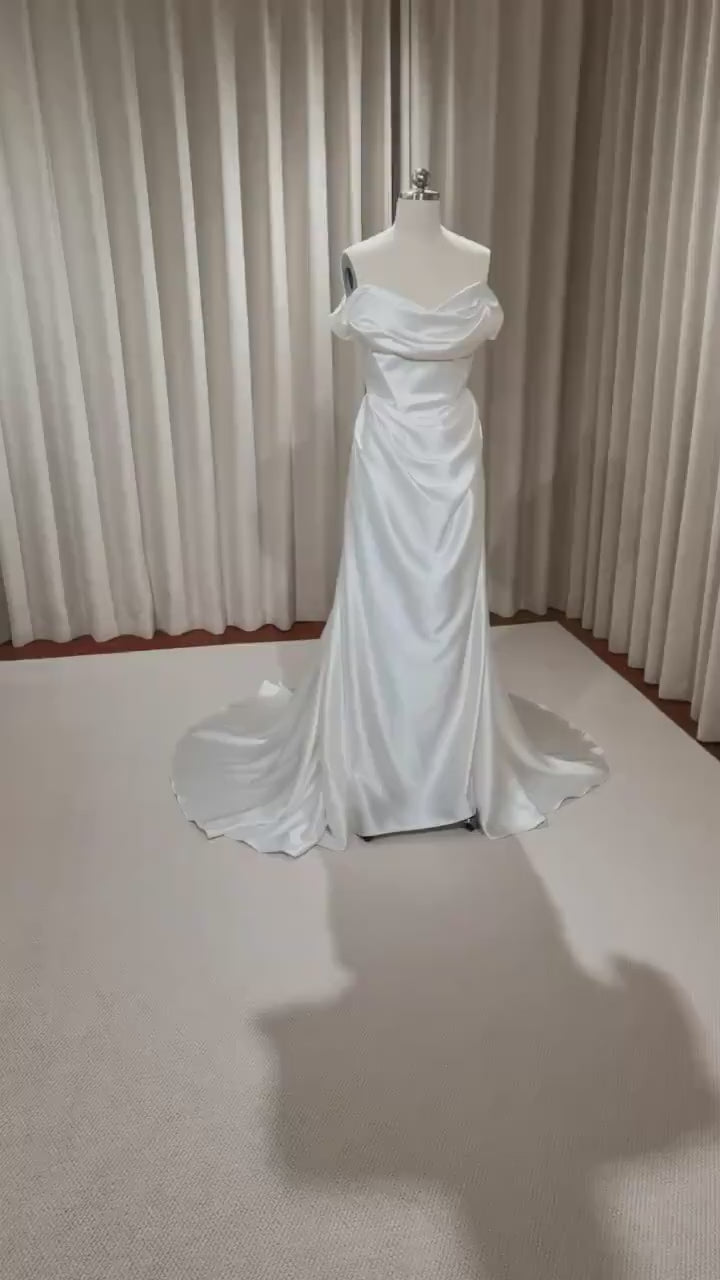 Minimalist Off Shoulder Satin Corset Wedding Bridal Dress, Custom Simple Modest Courthouse Civil Wedding Reception Elopement Gown