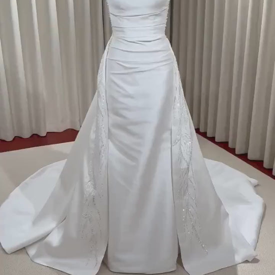 Minimalist Satin Mermaid Wedding Dress w Detachable Train , Custom Unique Elegant Prom Party Gown, Courthouse Civil Wedding Reception Dress