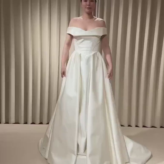Off Shoulder Basque Waist Unique Satin Wedding Ballgown | Aurelia