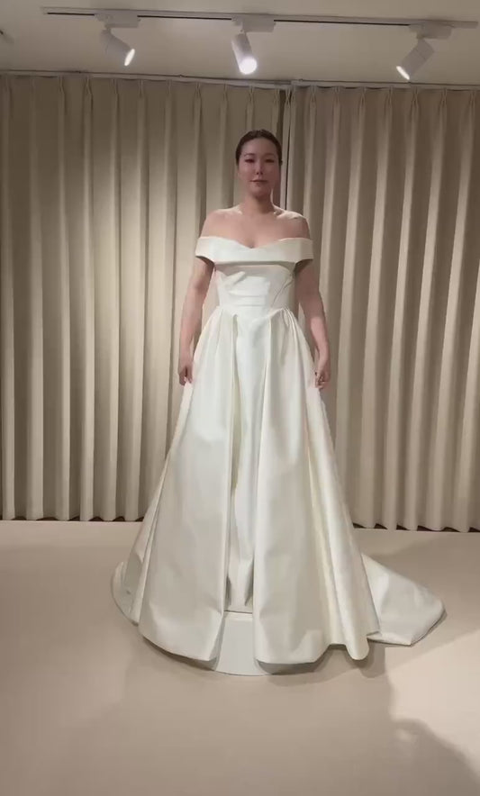Off Shoulder Basque Waist Unique Satin Wedding Ballgown | Aurelia