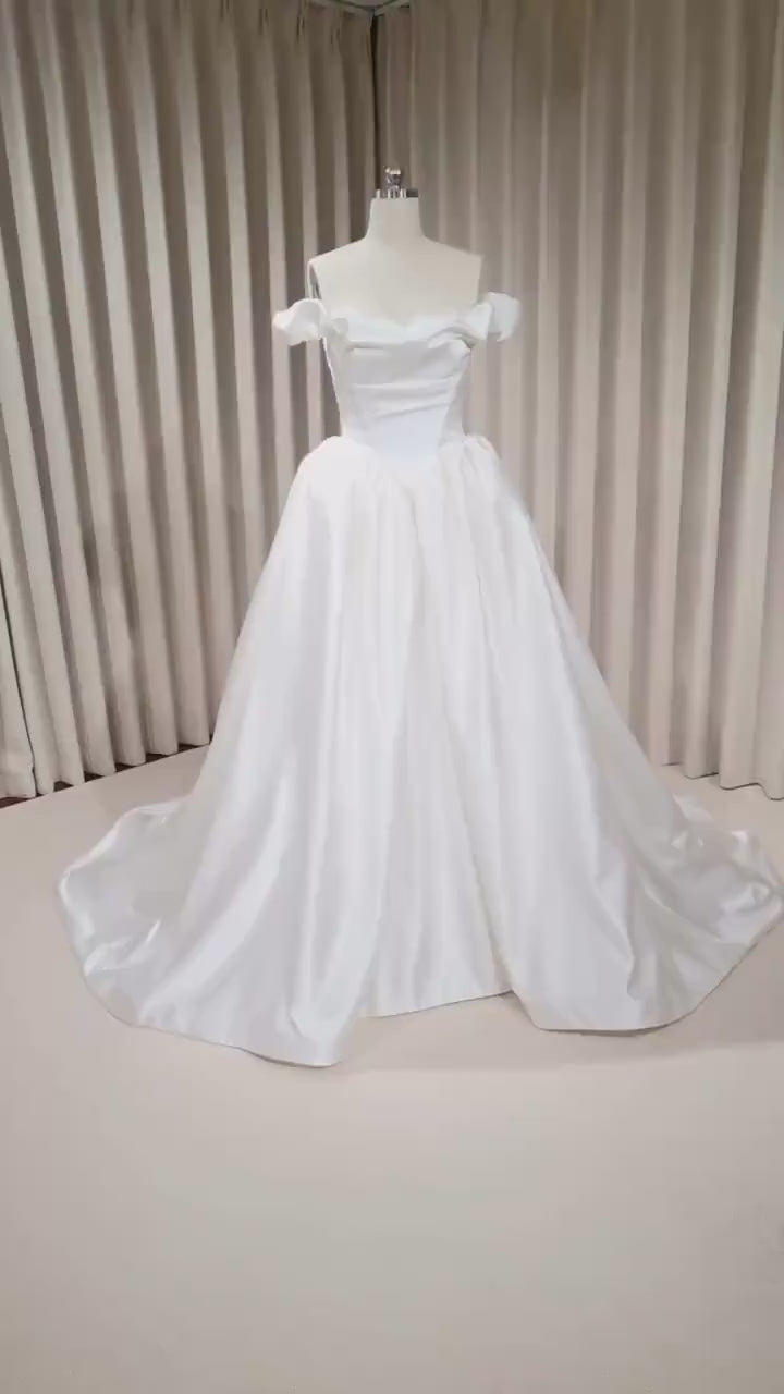 Off Shoulder Basque Waist Unique Satin Wedding Ballgown | Bianca