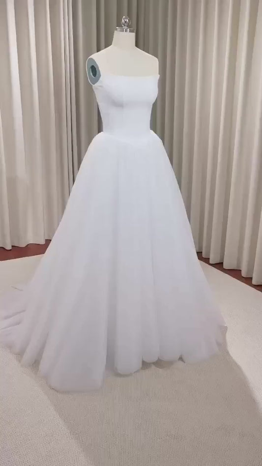 Minimalist Satin Tulle Simple Wedding Dress, Custom Fairy Unique Courthouse Civil Reception Gown, Casual Elopement Rehearsal Dinner Dress