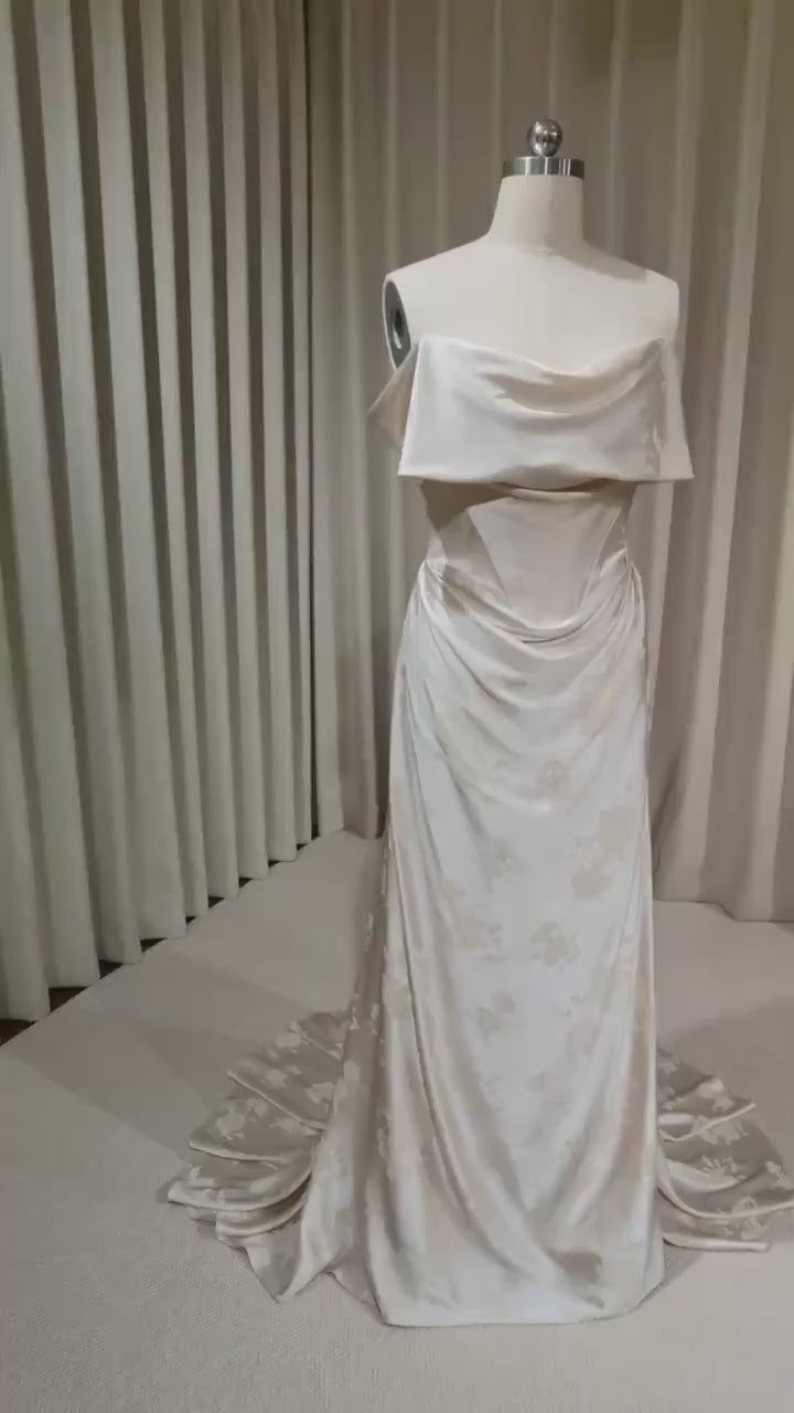 Off the Shoulder Floral Jacquard Satin Corset Basque Waist Wedding Dress with Scarf, Custom Bridal Gown | Jade