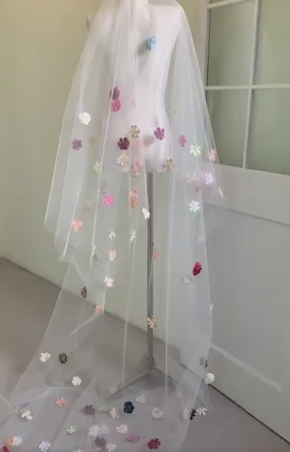 Unique Colorful Wedding Bridal Veil with Handmade Flowers, wedding gift for brides.