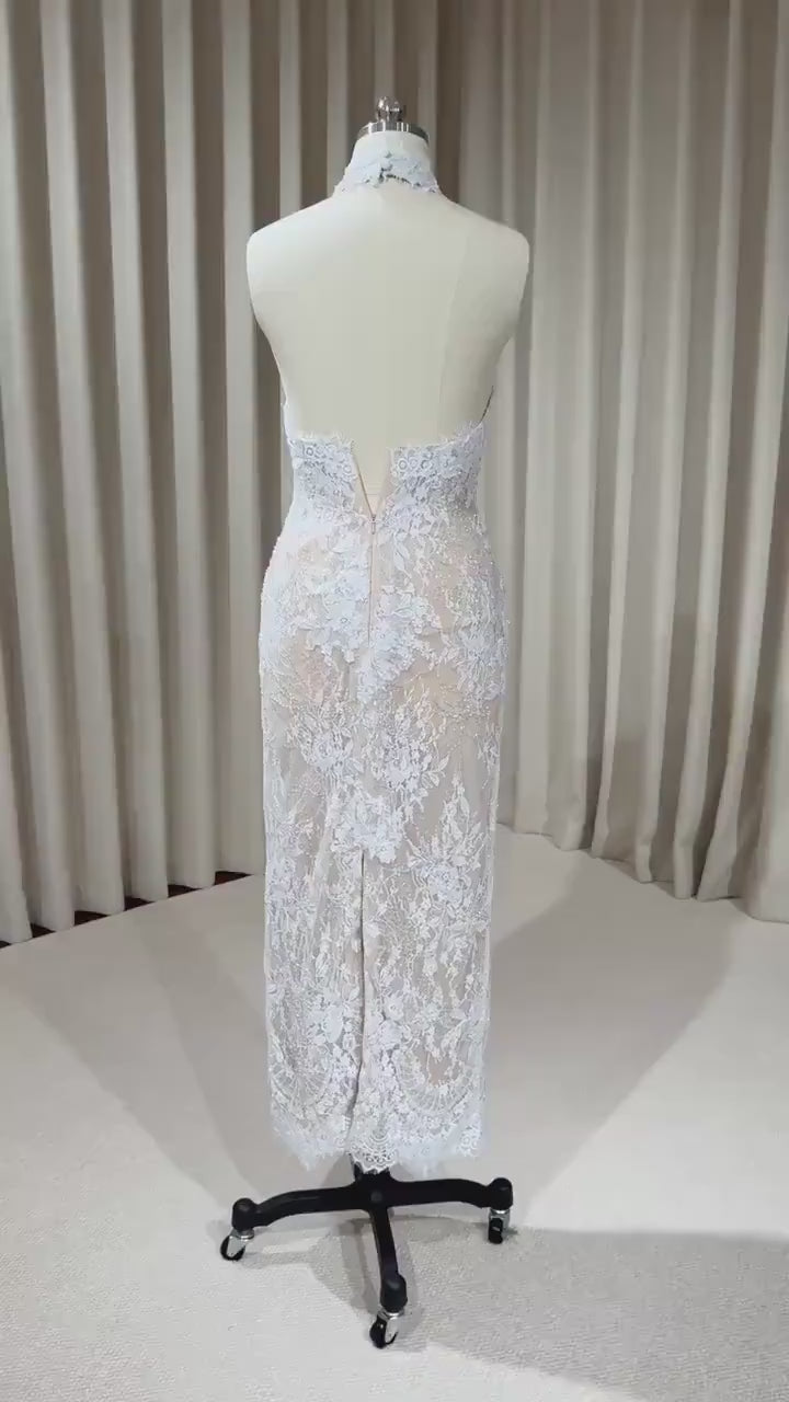 Halter Neck Beaded Lace Floral Mermaid Wedding Dress with Open Back, Custom Bridal Reception Gown | Alyssa