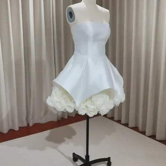 Strapless Satin Short Wedding Dress with 3D Flowers | Rosa
