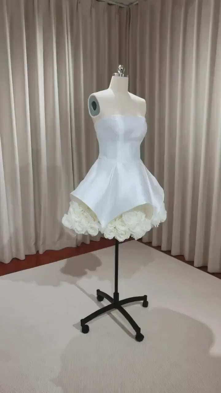 Strapless Satin Short Wedding Dress with 3D Flowers | Rosa