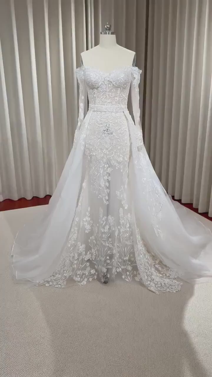 Off Shoulder Long Sleeve Lace Mermaid Wedding Dress w Detachable Train , Unique Custom Courthouse Civil Wedding Reception Elopement Dress